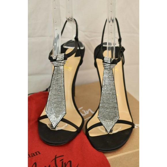 NIB LOUBOUTIN T CAB 100 BLACK CREPE SATIN JEWELED TIE ANKLE STRAP PUMPS 40.5 - Picture 3 of 12
